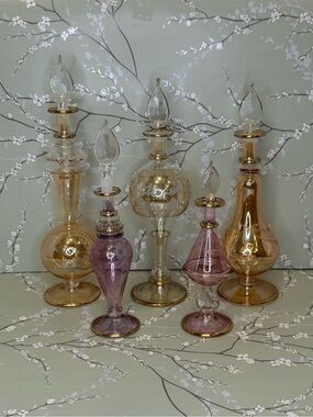 Vintage Hand-Blown Glass Perfume Bottles - Pink & Amber.